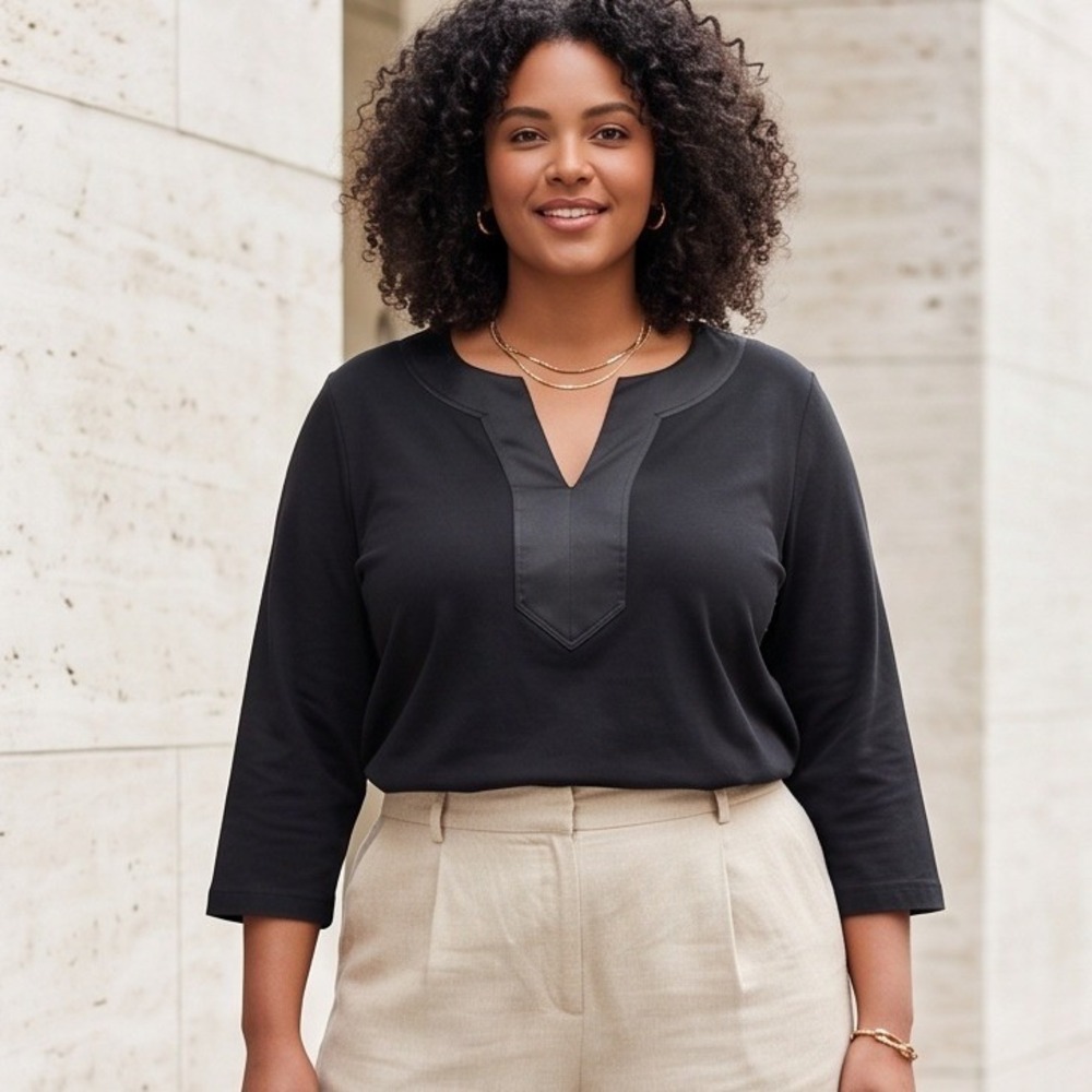 Lauren Ralph Lauren 2X Black Satin Trim V-Neck 3/4 Sleeve Cotton Top Elegant
